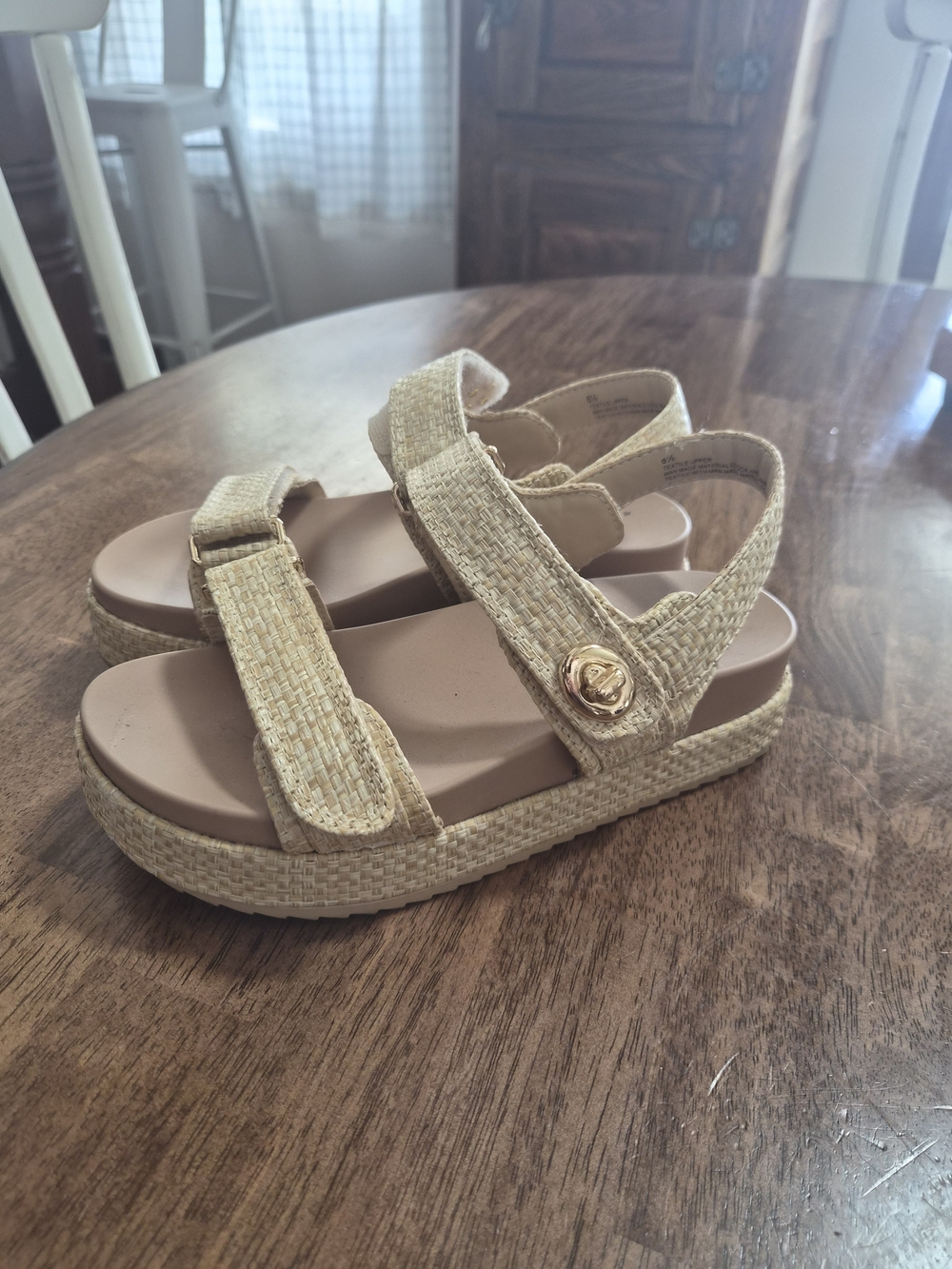a new day Beige Straw-Textured Platform Sandals with Gold Accent